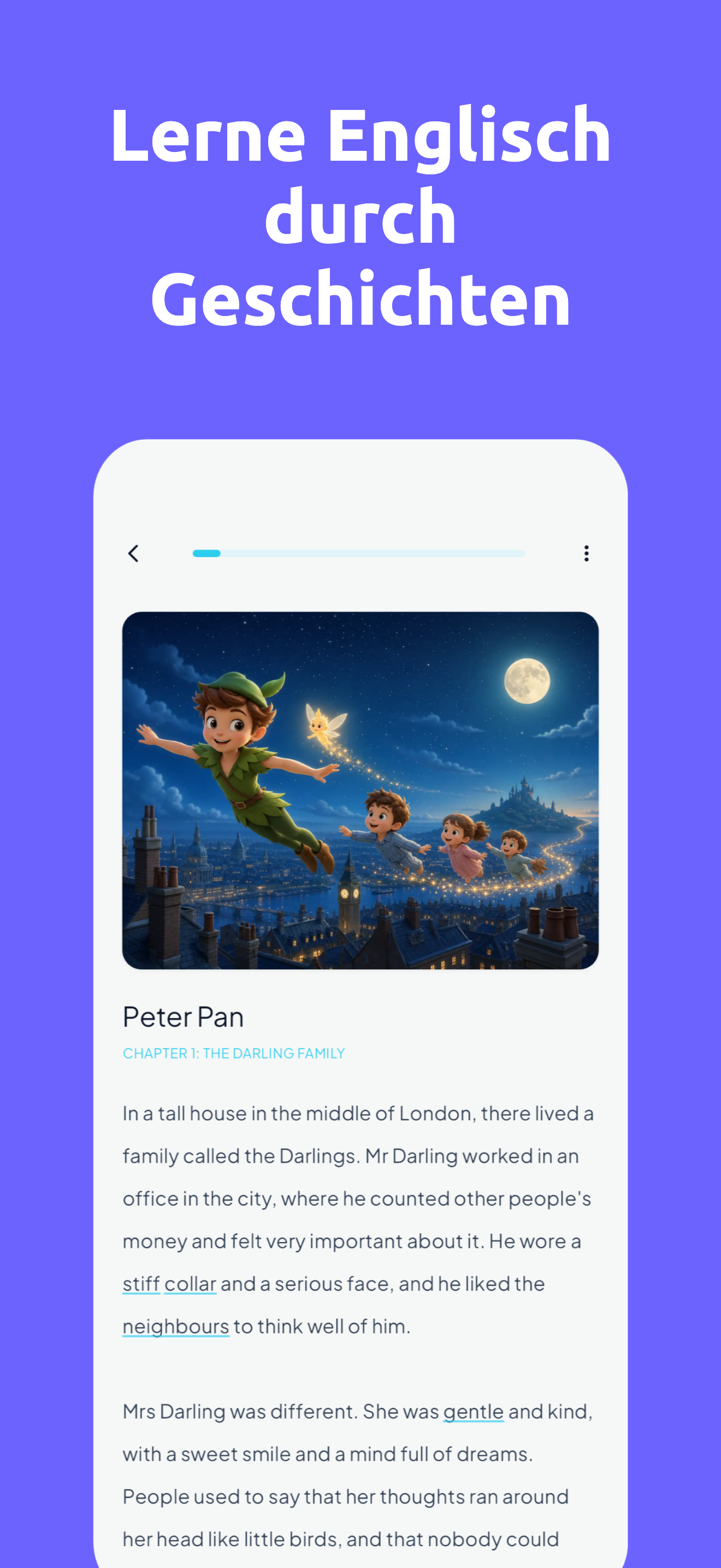 Lesemodus mit Peter-Pan-Kapitel — Wort antippen für Übersetzung