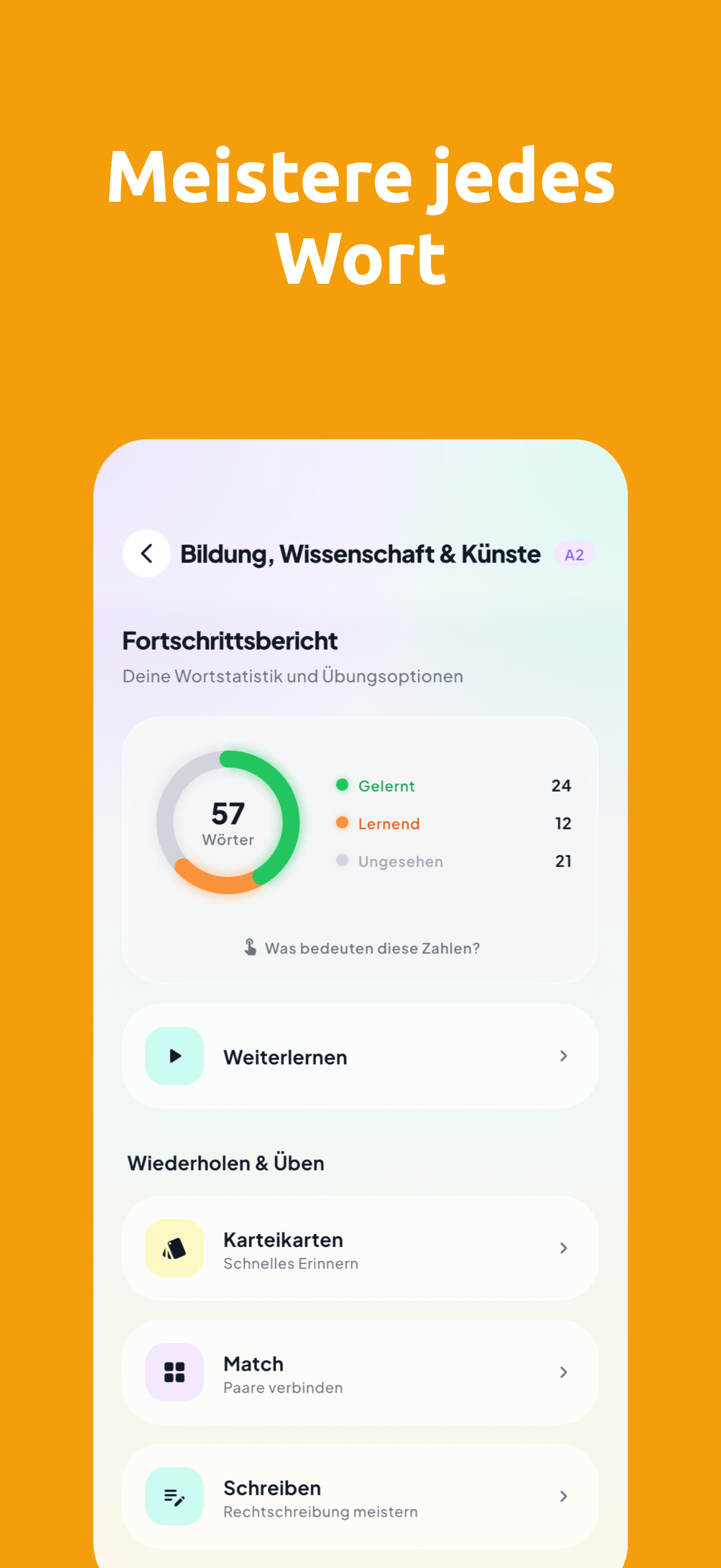 Themen-Detail mit Fortschrittsring und Übungsoptionen