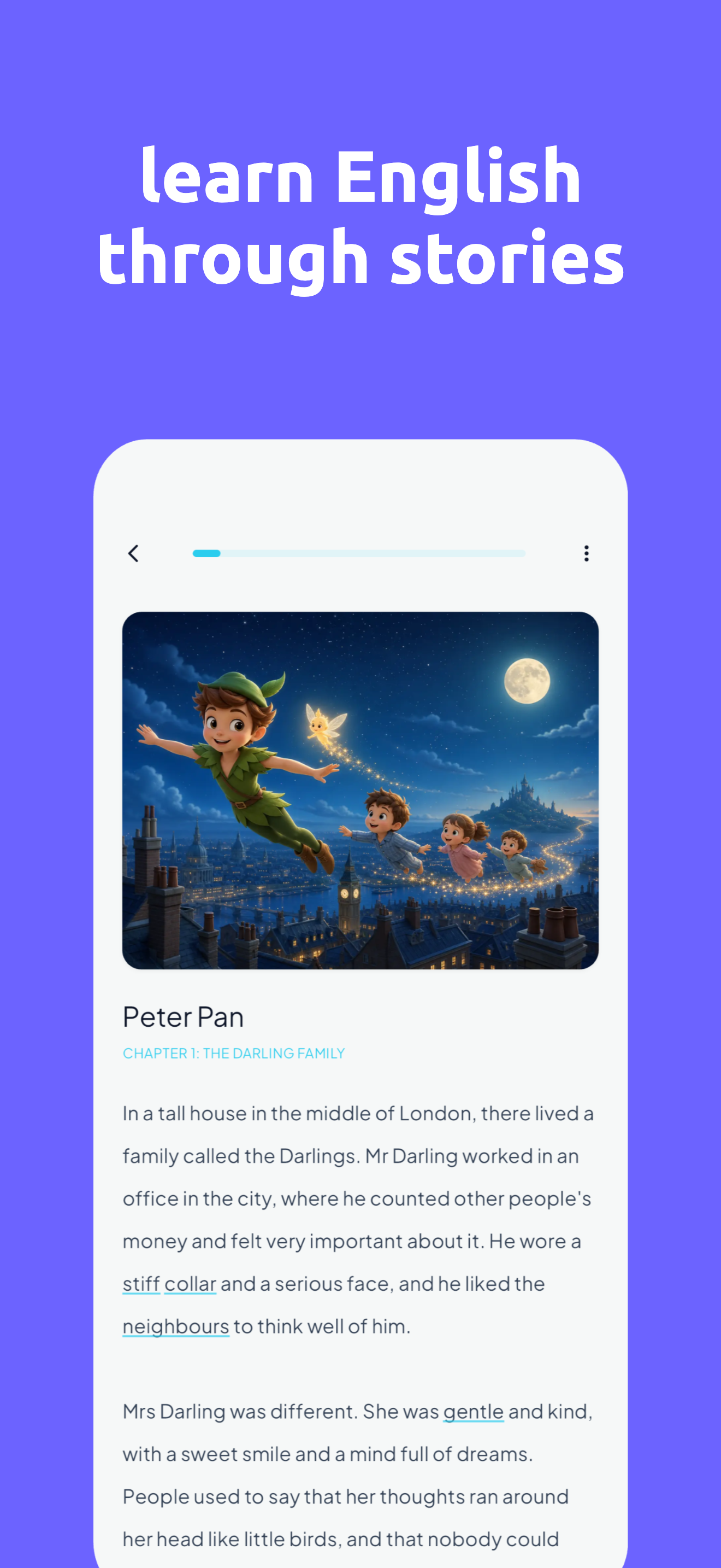 Story reading screen showing a Peter Pan chapter with tap-to-translate