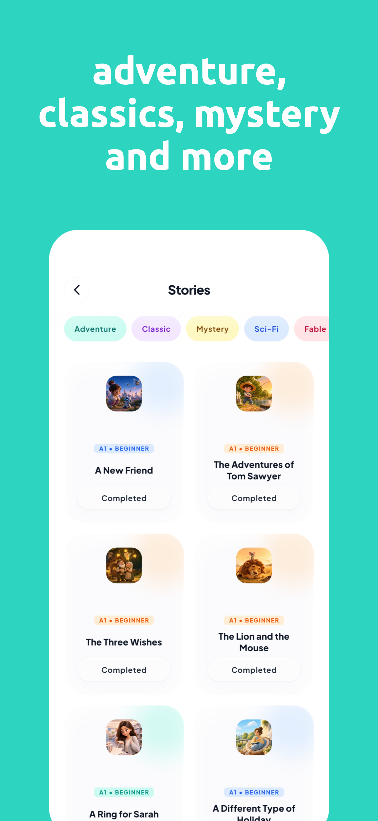 Story library showing adventure, classics, mystery and sci-fi categories