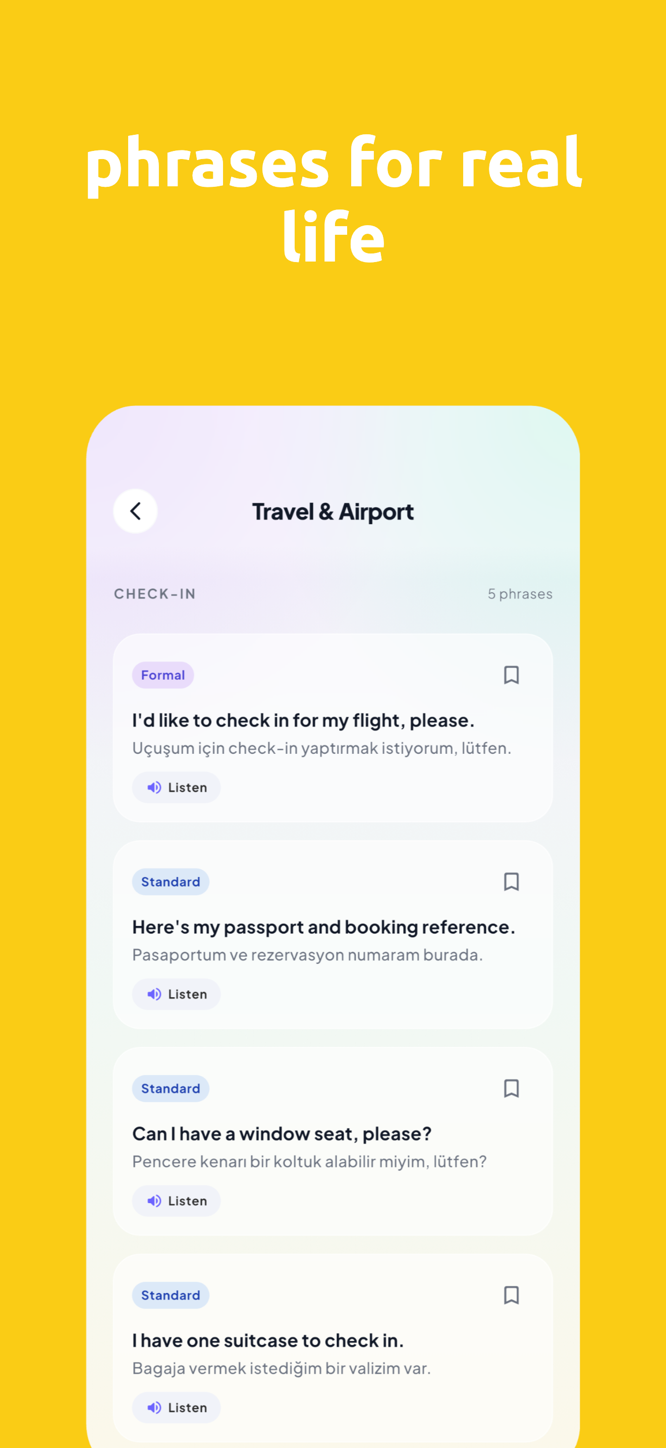 Daily phrases screen with Travel and Airport category and listen buttons
