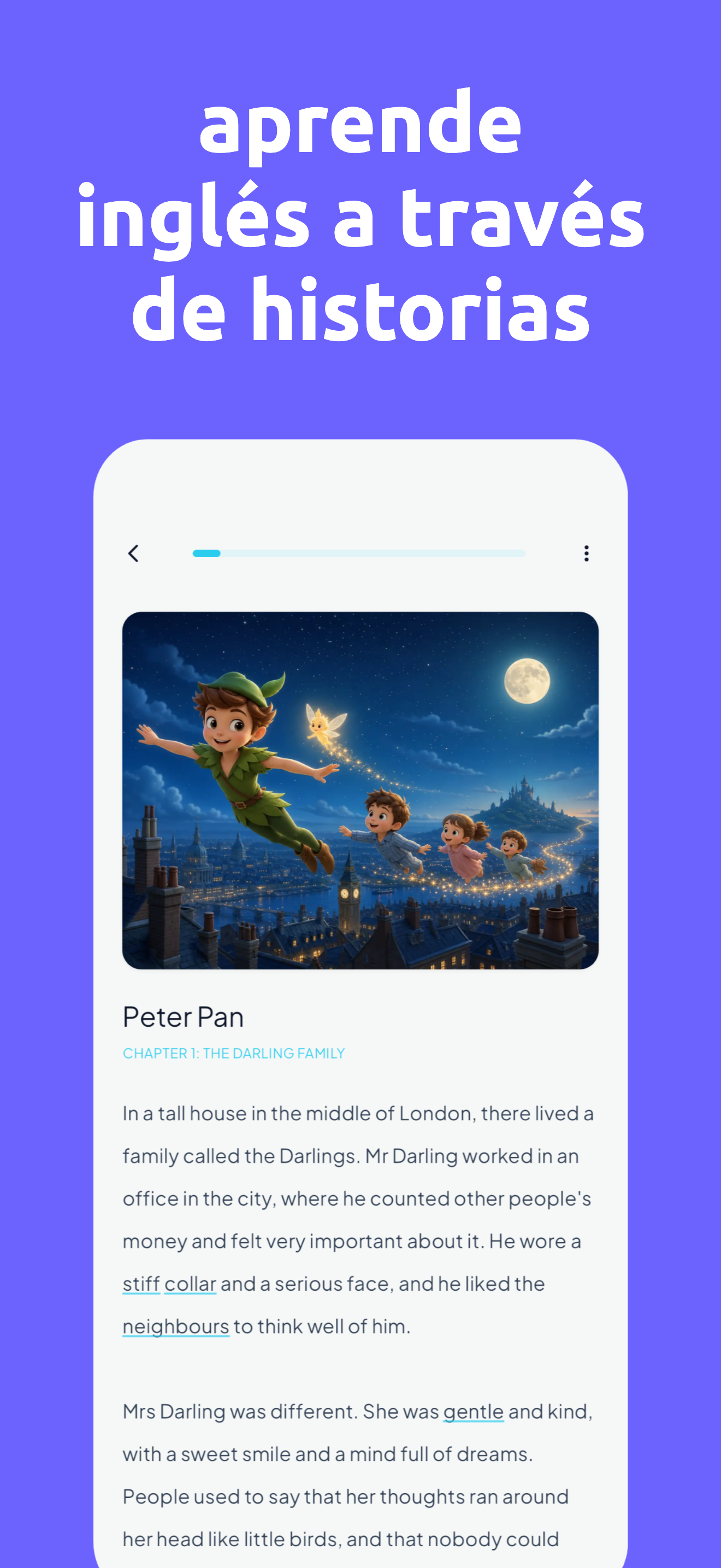 Pantalla de lectura — capítulo de Peter Pan con traducción al toque