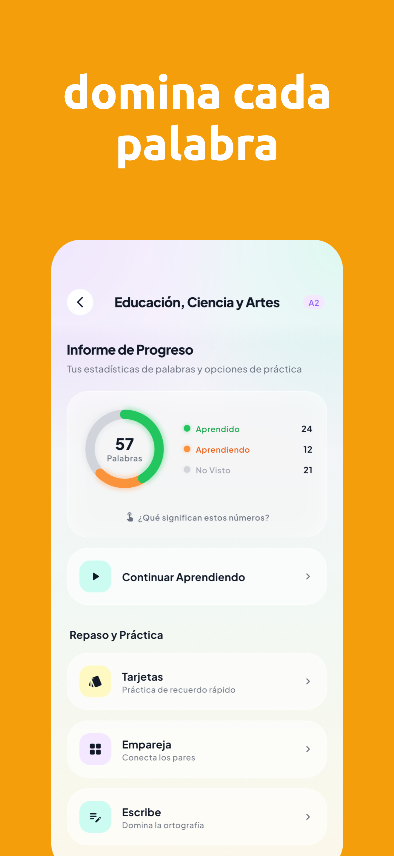 Detalle de tema con anillo de progreso y opciones de estudio