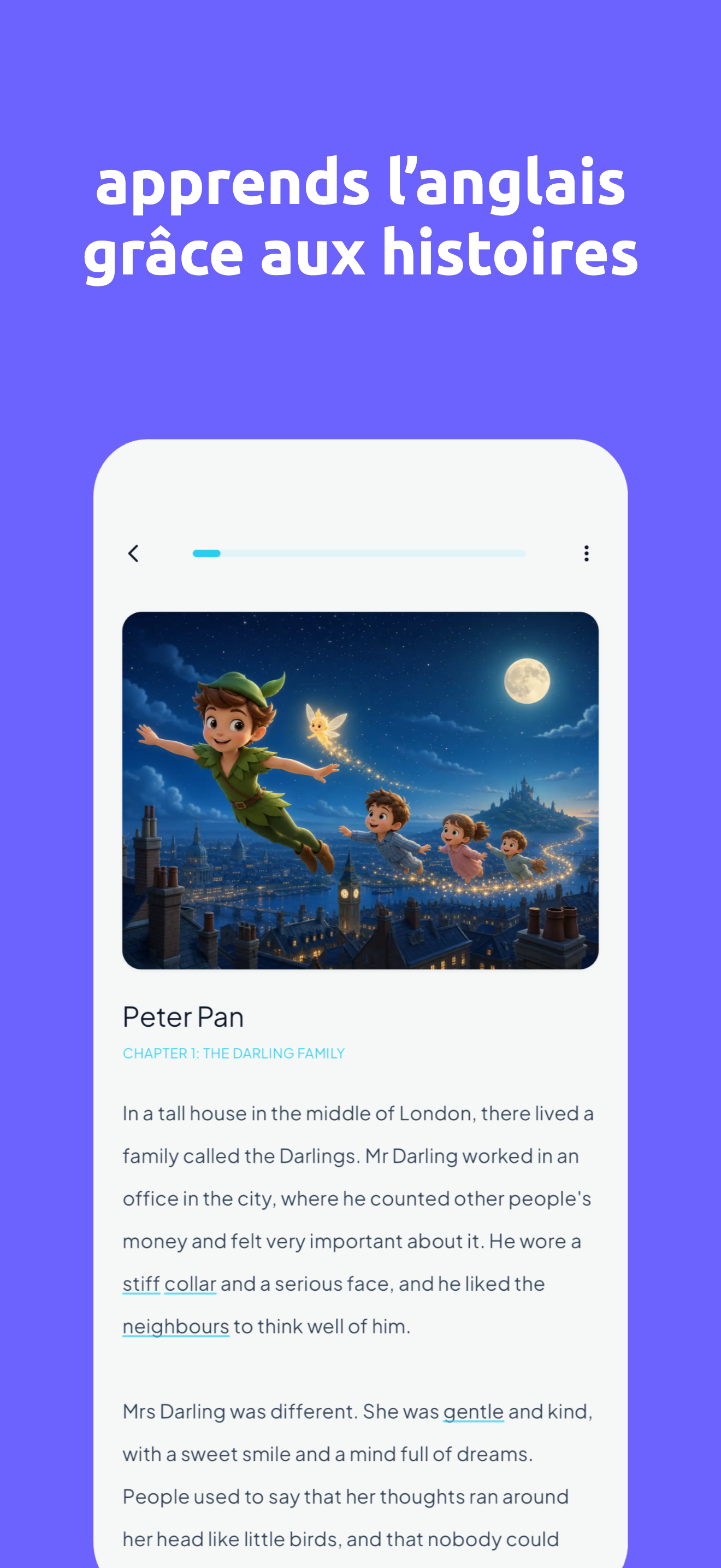 Écran de lecture — chapitre de Peter Pan avec traduction au toucher