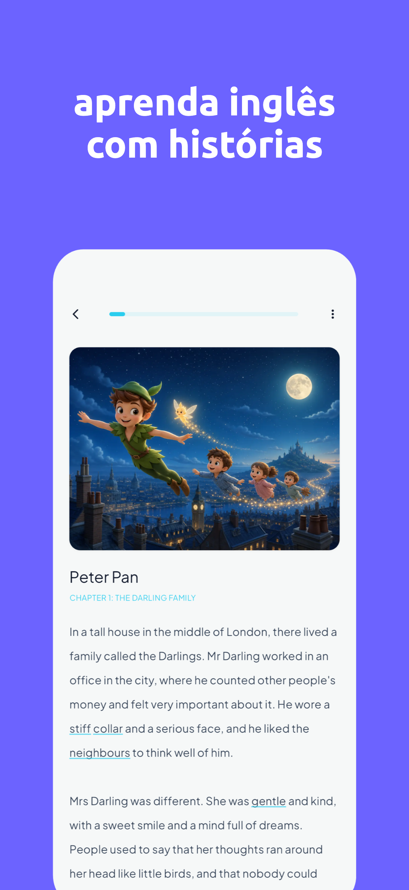 Tela de leitura — capítulo de Peter Pan com tradução ao toque