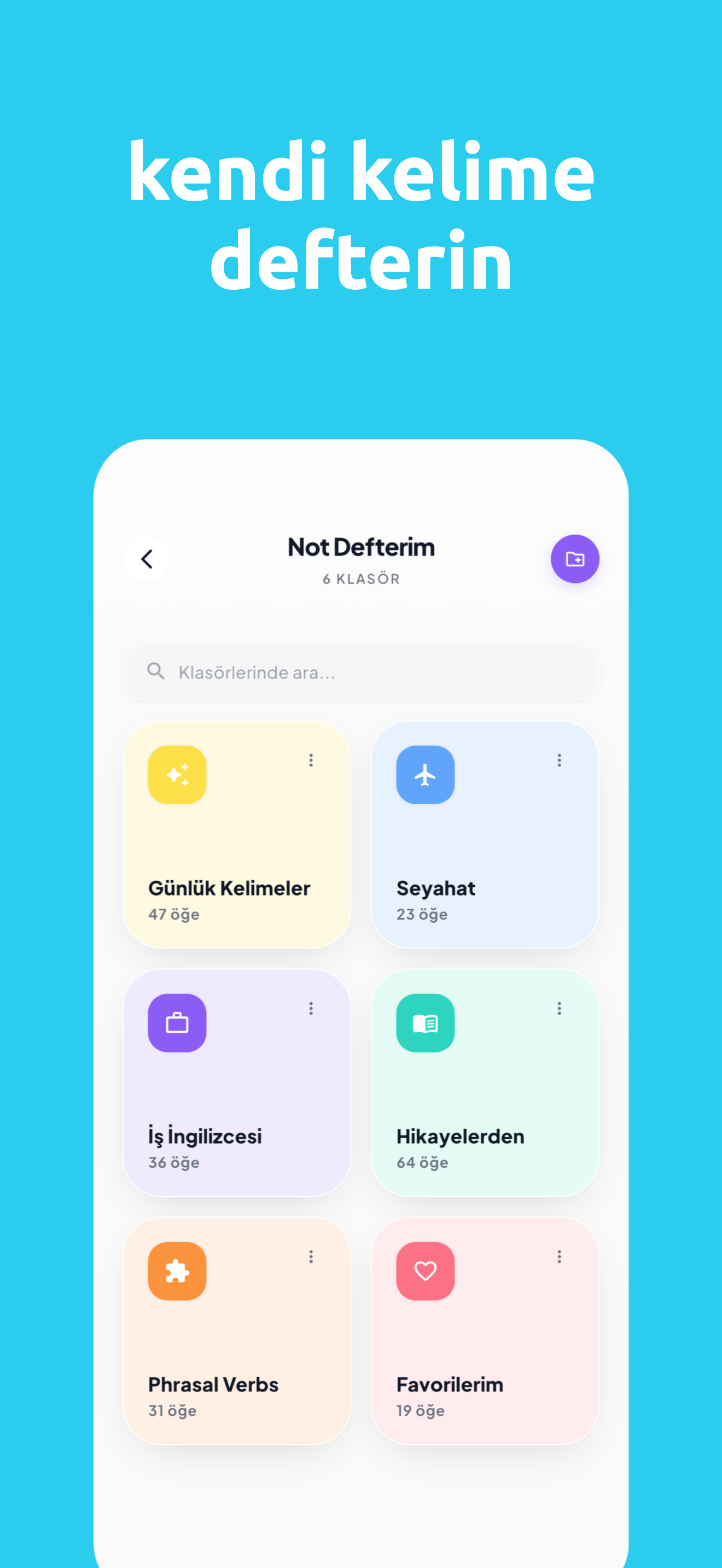 Kişisel kelime defteri — günlük, seyahat, iş, favoriler klasörleri