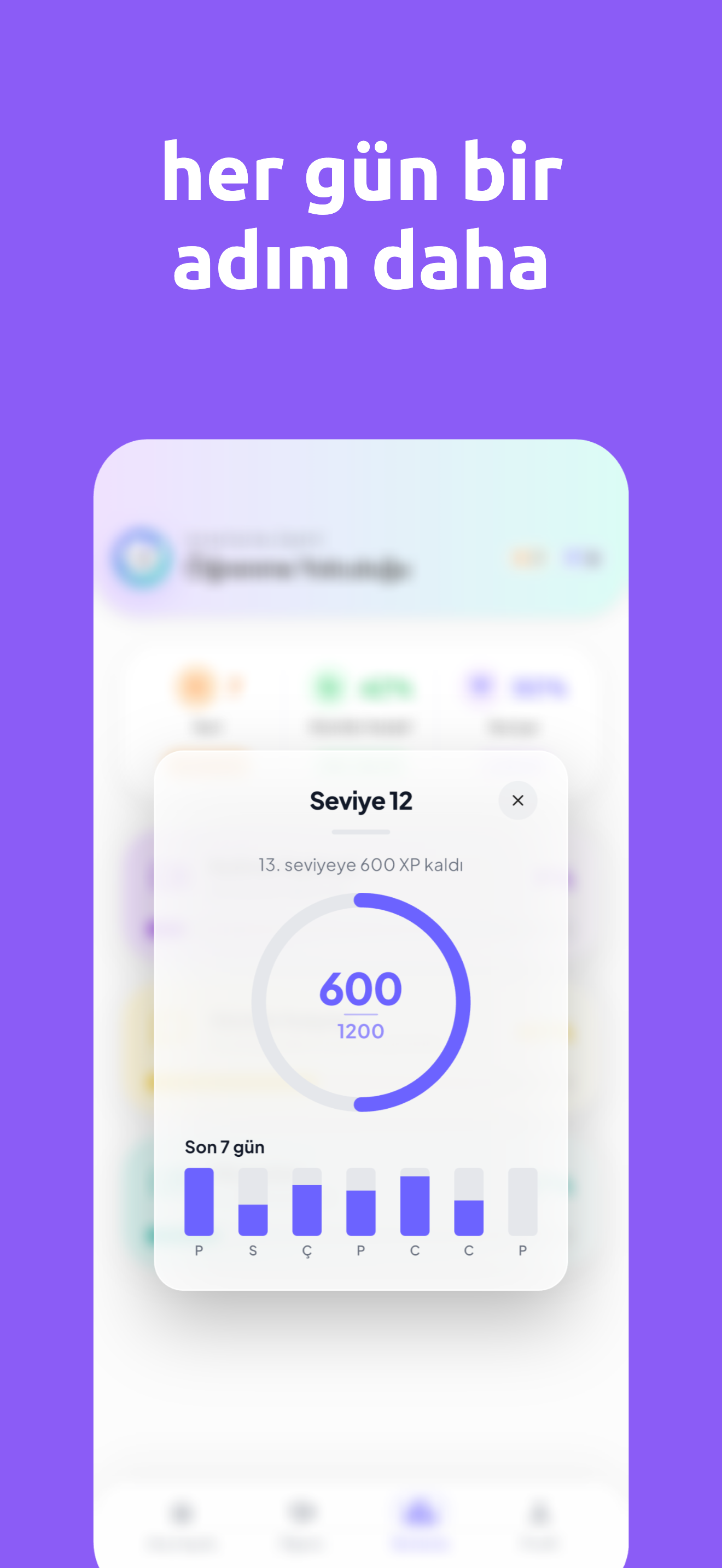 Seviye atlama — son 7 gün aktivite çubukları